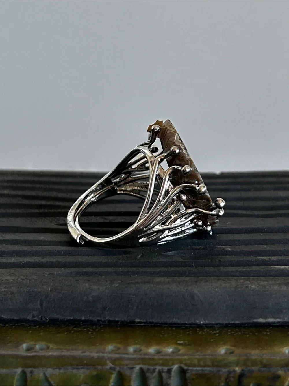 Handcrafted Brown Ammonite Shell Ring in Silver Setting